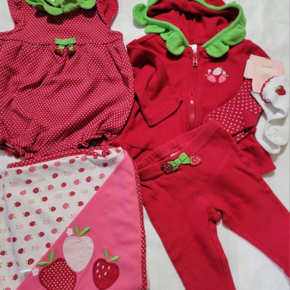 Gymboree Strawberry lot used blanket, hooded top, pants romper NWT socks 6-12 mo - Picture 2 of 7